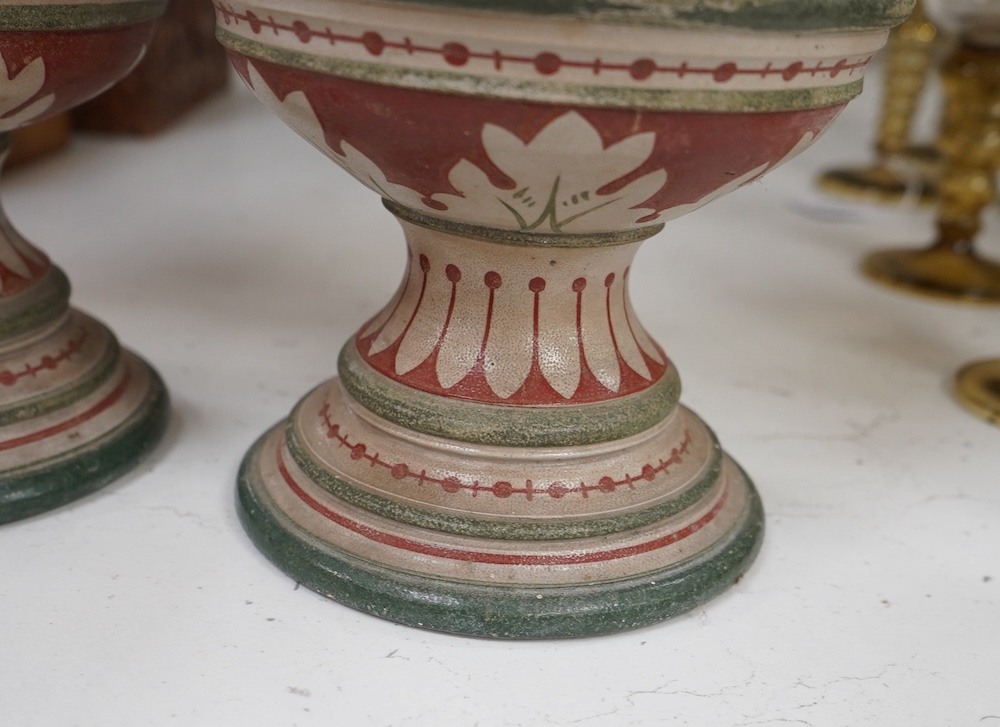 A pair of German stoneware mantel piece garniture vases, monogramed to base, 38cm high. Condition - fair